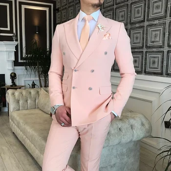 STEVDITG Розовые мужские костюмы Блейзер двубортный с заостренным лацканом на плоской подошве обычной длины Свадебный пиджак из 2 предметов Брюки Роскошный костюм