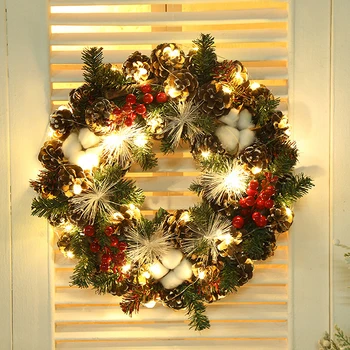 Рождественский венок с подсветкой, праздничный венок в деревенском стиле, украшенный сосновыми шишками и красными ягодами для входной двери