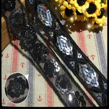 Водорастворимое кружево, вышитое кружевом 3,5 см, полиэстер черного цвета, кружевная вышивка блестками, штрих-код