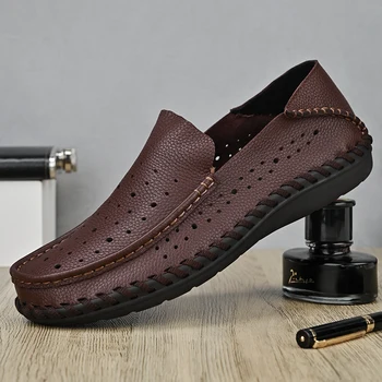 Мужская повседневная обувь из натуральной кожи, классическая легкая обувь-лодочка, большие размеры, обувь на плоской подошве с защитой от скольжения, деловая обувь
