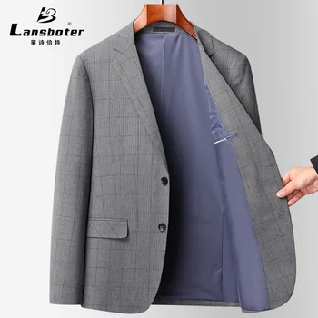 Lansboter Серый Весенне-осенний тонкий мужской костюм без железа, приталенный, средний и молодежный, в клетку, маленький, подходит для отдыха и бизнеса.