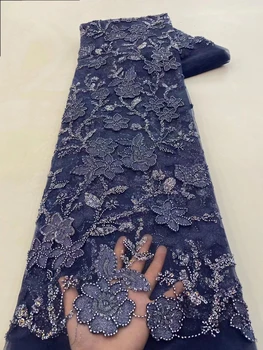 Роскошные синие бусины ручной работы Французский тюль Кружевная ткань Вышитая бисером Африканская сетчатая кружевная ткань для свадебного платья Sew KXX24103