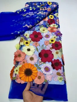 Французская кружевная ткань королевского синего цвета с 3D цветами 2023, Высококачественная кружевная сетка, Африканская кружевная ткань с бисером, кружевные ткани для свадьбы