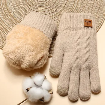 Женские зимние Толстые Плюшевые перчатки, Защищающие от холода грелки на весь палец, Двухслойные вязаные перчатки на весь палец с сенсорным экраном, рукавицы для вождения