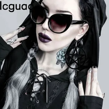 Солнцезащитные очки с кошачьими глазками на Хэллоуин, темно-черные, в готическом стиле, винтажный люксовый бренд, стимпанк, негабаритные солнцезащитные очки для женщин
