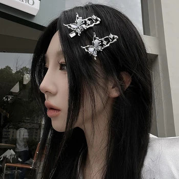 Y2K Нерегулярная шпилька из жидкого металла, заколки для волос с бабочкой и цирконием, модная серебряная заколка для волос для женщин, аксессуары для волос