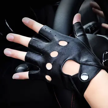 Новые горячие Женские черные перчатки для вождения из искусственной кожи с полупальцами