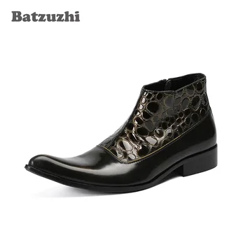 Batzuzhi/ Ботинки в западном стиле, Мужские Ботинки из натуральной кожи с острым носком на молнии, Мужские Модельные ботинки в деловом стиле, Короткие Мотоботы, Большой Размер US6-12