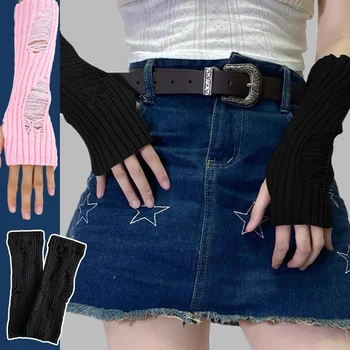 Готические Черные потрепанные панковские вязаные перчатки унисекс с манжетами без пальцев, женские Мужские варежки длиной до локтя, теплые перчатки для рук
