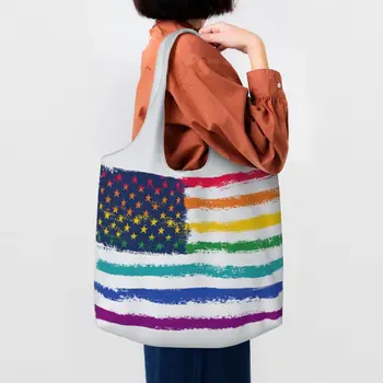 ЛГБТ-гей-парад, Радужный Американский флаг, продуктовые сумки, холщовая сумка для покупок, большая вместительная прочная сумка