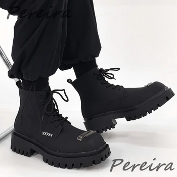 Мужские короткие ботинки на толстой платформе с квадратным носком, Черные Ботильоны В Британском стиле С высоким берцем на шнуровке, Весенне-Осенняя Уличная Мужская обувь