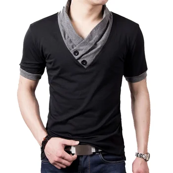 B1596 Тонкая хлопковая черная футболка в стиле пэчворк с коротким рукавом и V-образным вырезом, мужские топы и тройники на пуговицах