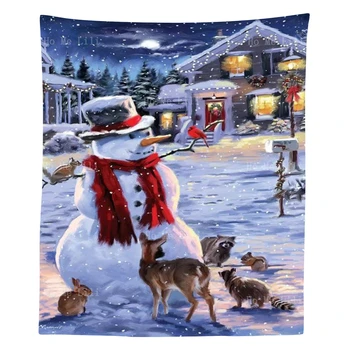 Снеговик с друзьями и животными, снежная ночная сцена, Веселая рождественская собака, Рождественская шляпа Санта-Клауса, настенный гобелен.