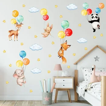3шт Мультяшных животных Воздушный шар Слон Лиса Панда Жираф Наклейка на стену Детская комната Детский сад Самоклеящиеся обои на стену