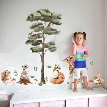Наклейки на стены с деревьями и лесными животными для детской комнаты, акварельный мультфильм, Олень, Лиса, Кролик, наклейки на стены детской комнаты, домашний декор