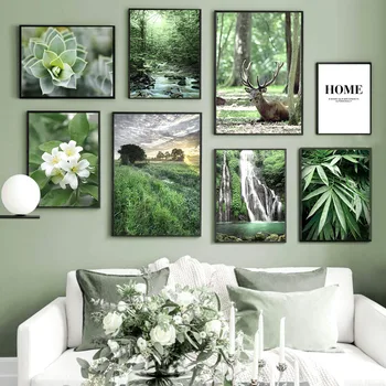 Плакат с лесным пейзажем, весенний декор, настенное искусство, картины с зелеными растениями для интерьера, Безрамное украшение домашней комнаты