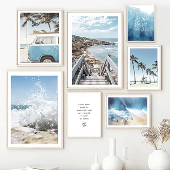 Картина на холсте в скандинавском стиле, Синее море, пляж, мост, автомобиль, тростник, пальма, плакат, украшение для дома, гостиной, принт, картинка без рамки