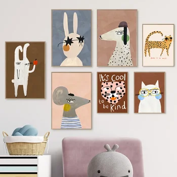 Милый кролик, Леопард, Собака, Кошка, настенное искусство для детской комнаты, Скандинавский плакат, холст, живопись и принт на стену Для украшения детской комнаты