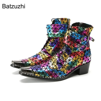 Batzuzhi/ Мужские ботинки из натуральной кожи в стиле панк в стиле Панк, Каблук 6,5 см, Короткий ботильон с железным носком, Мужские ботинки на шнуровке, Мотоциклетные ботинки с пряжками и молнией, 38-47
