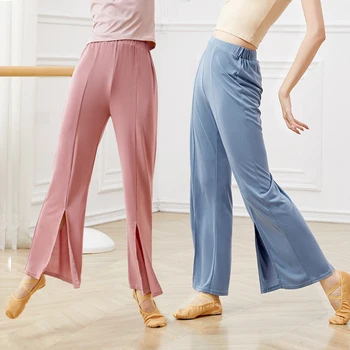 Женские танцевальные брюки для классических танцев, расклешенные длинные брюки с высокой талией, эластичная Передняя вилка, расклешенные брюки для балета, фитнеса, йоги