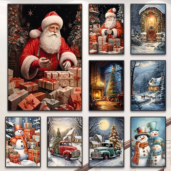Рождественский плакат с Санта-Клаусом и снеговиком, печать на холсте, Мультяшный пейзаж, настенное искусство, холст, живопись для украшения дома в гостиной