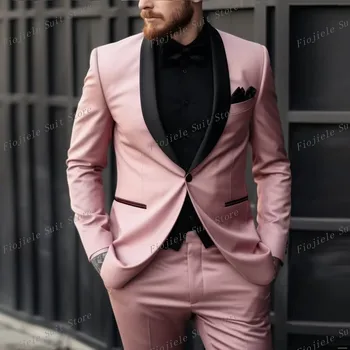 Мужской деловой костюм Для свадебной вечеринки, Розовый смокинг жениха на выпускной, комплект из 2 предметов, Куртка, Брюки
