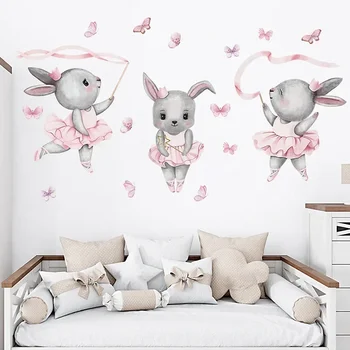 Ручная роспись, балетный кролик, Танцор-кролик, Милые животные, наклейки на стены для детской, наклейки на стены для девочек, домашний Декор стен