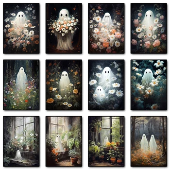 Портрет цветочного призрака, плакат с цветочным принтом, Темная академия, готический призрак Хэллоуина, холст, настенная картина для домашнего декора комнаты