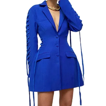 Женский блейзер Royal Blue, приталенный, модный, уникальный дизайн, пальто средней длины, завязки на рукавах, повседневная женская куртка / вечернее женское платье