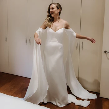 Атласная свадьба на тонких бретельках 2021, длинные рукава, пояс со шлейфом, настоящая фотография, простые свадебные платья-футляры, большие размеры