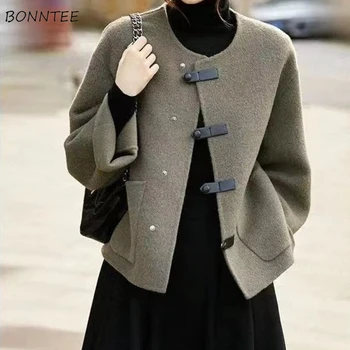 Пальто с круглым вырезом, женские элегантные свободные зимние однотонные простые офисные женские винтажные платья с длинными рукавами в корейском стиле для отдыха, универсальные