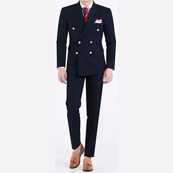 Элегантная двубортная темно-синяя одежда для официальных случаев, деловая одежда, куртка, брюки, 2 предмета, заостренный лацкан, приталенный крой