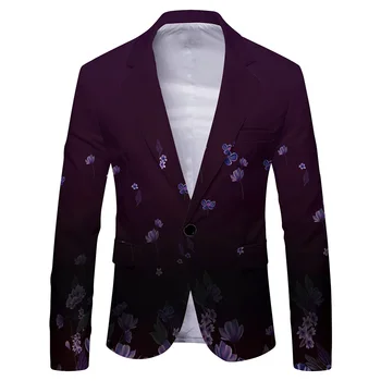 Элегантный мужской повседневный блейзер на пуговицах, приталенный элегантный пиджак, 3D печать, V-образный вырез, длинный рукав, фиолетовый, белый, черный