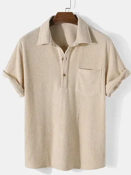 Мужская рубашка с коротким рукавом, повседневный топ, Свободная однотонная рубашка с лацканами, топы, Летняя пляжная рубашка