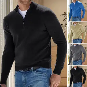 Осенний мужской спортивный пуловер, однотонная рубашка поло на молнии, повседневный свитер, тонкие свитшоты с V-образным вырезом и длинным рукавом, зимний топ