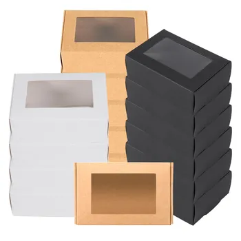 30 Шт Мини-Коробка из Крафт-бумаги с Окошком Подарочная Упаковочная Коробка для Мыла и Конфет (Черный Коричневый Белый)
