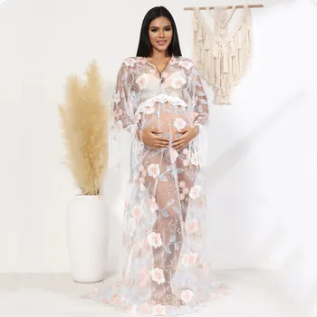 Длинные платья для фотосъемки беременных с вышивкой в стиле бохо, Прозрачные платья для фотосессии беременных женщин в богемном стиле