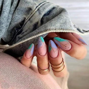 Нейл-арт на длинной шпильке с фиолетово-зеленым геометрическим рисунком, накладные ногти, прикрепляемые к ногтю, Съемные готовые накладные ногти с клеем