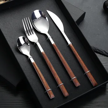 Новый набор посуды с имитацией деревянной ручки, нож для стейка, основная столешница, столешница, десертная ложка, нож из нержавеющей стали, ложка, вилка