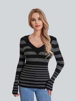 Женская трикотажная рубашка в полоску с длинным рукавом и принтом, осенние базовые трикотажные топы, повседневный свитер, пуловер для осеннего клуба, уличная одежда