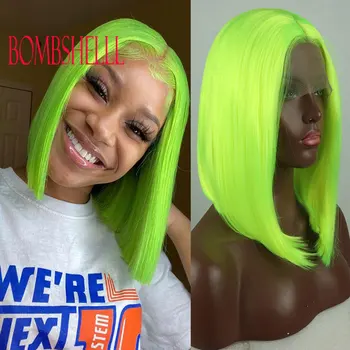 Потрясающий Зеленый цвет, Короткие Прямые парики Боб, Синтетические парики на кружеве 13X4, Бесклеевые волосы из термостойких волокон для женской одежды