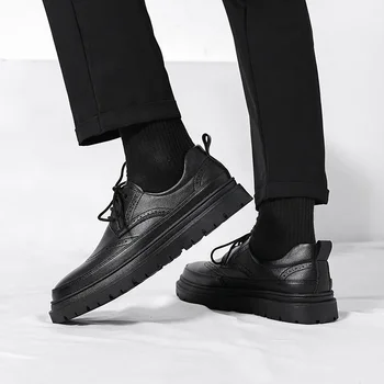 Мужская обувь 2023 года, Высококачественная Повседневная Обувь Из Кожи На шнуровке, Весенне-Осенняя Однотонная Дышащая Мужская Обувь на среднем каблуке С круглым носком