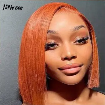 Яркие оранжевые парики-бобы из человеческих волос, короткие прямые парики-бобы из человеческих волос, прямые парики-бобы с высокой кружевной застежкой, парики из человеческих волос