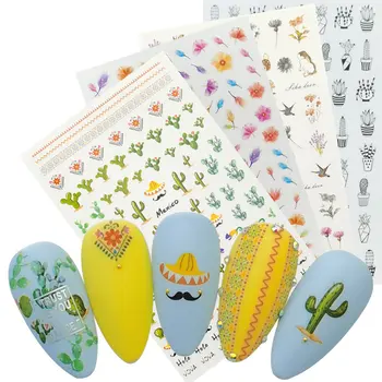 1 Лист 3D наклейки для ногтей в виде кактуса, Цветы, кролик, Палевый, Клейкая наклейка для маникюра, фольга-слайдер для украшения ногтей своими руками